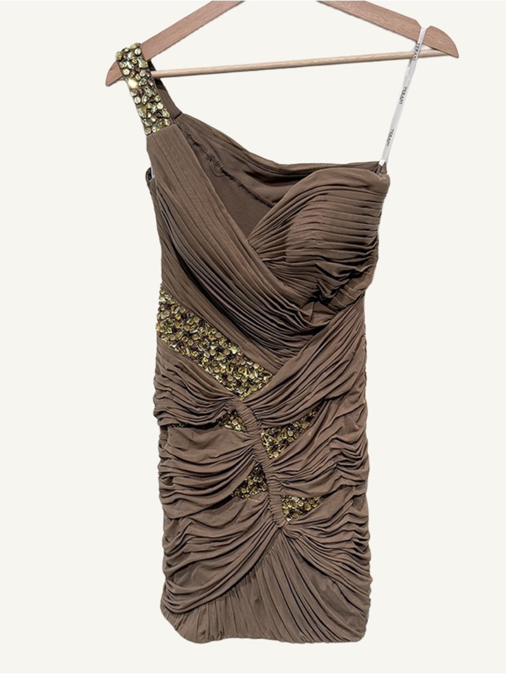 Terani Couture Beaded One Shoulder Mini Dress Nude Gold Size 4 - Picture 10 of 10